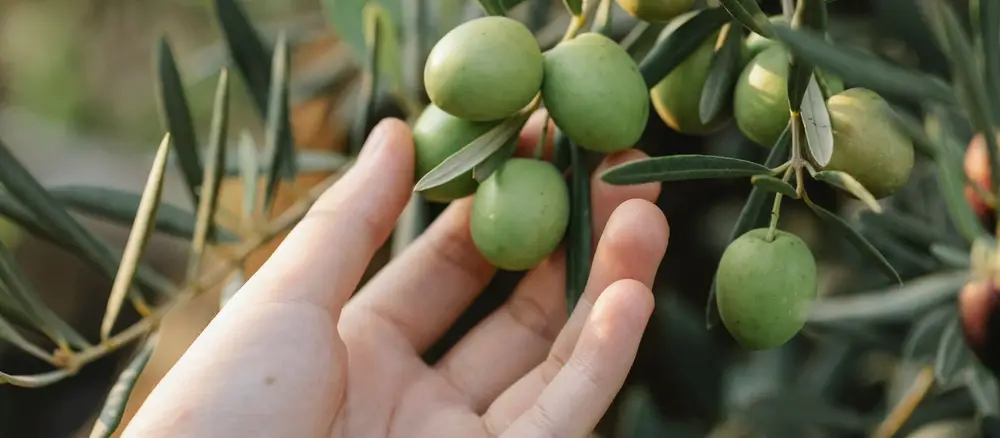 Recolector cuidando aceitunas en rama — producción de aceite de oliva